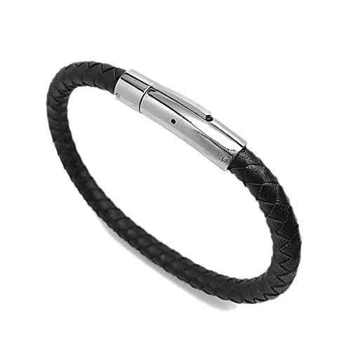 

Unisex Black Braided Genuine Leather Bracelet with Stainless Steel Locking Clasp (9 Inch)