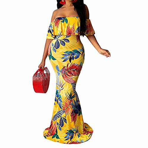 

iymoo women off shoulder ruched floral print evening party cocktail long maxi dress leaf yellow s