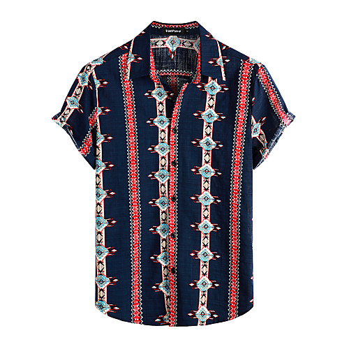 

Men's Shirt Tribal Short Sleeve Daily Tops Cotton Basic Boho Navy Blue