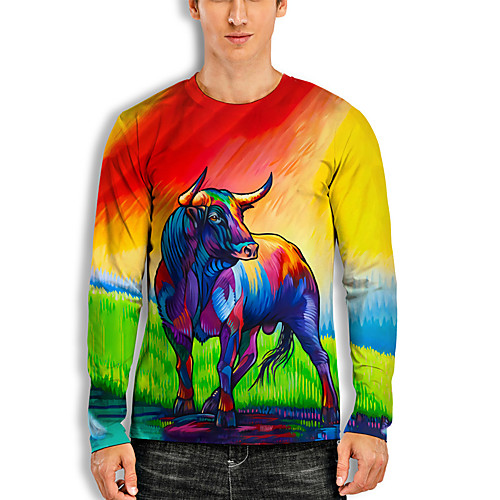 

Men's T shirt 3D Print Graphic Prints Cow Animal 3D Print Long Sleeve Daily Tops Basic Casual Hawaiian Rainbow