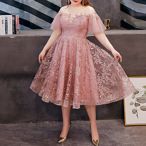 

A-Line Plus Size Floral Homecoming Cocktail Party Dress Jewel Neck Short Sleeve Tea Length Lace with Embroidery 2021