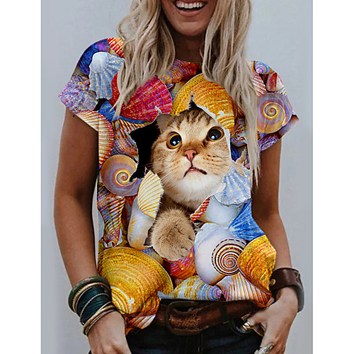 

Women's T shirt Cat Graphic 3D Print Round Neck Tops Basic Basic Top Yellow