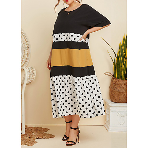 

Women's Plus Size Polka Dot Print Casual Half Sleeve Spring & Fall Midi Dress Swing Dress Black