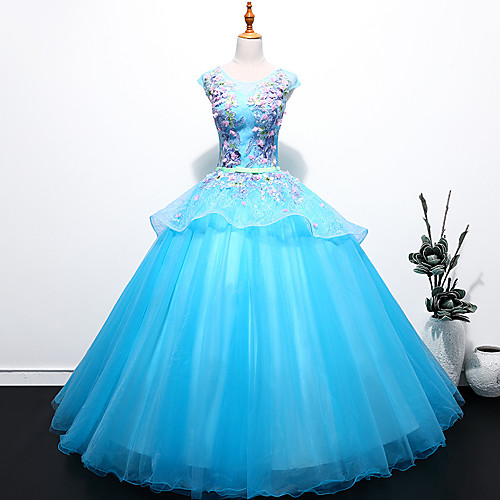 

Ball Gown Peplum Floral Quinceanera Prom Dress Jewel Neck Sleeveless Floor Length Tulle with Pleats Embroidery 2021