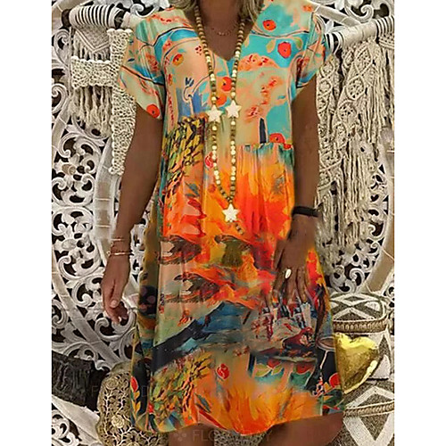 

Women's A Line Dress Knee Length Dress Blue Red Orange Short Sleeve Print Tie Dye Print Summer V Neck Elegant 2021 S M L XL XXL 3XL