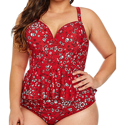 

Women's Plus Size Padded Fashion Sexy One Piece Monokini Swimsuit Tummy Control Push Up Color Block Strap Swimwear Bathing Suits Red / Geometric