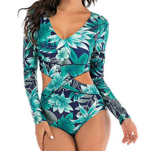 

✿ latinday ✿ womens swimwear monokini swimsuits sexy one piece long sleeve bathing suits green