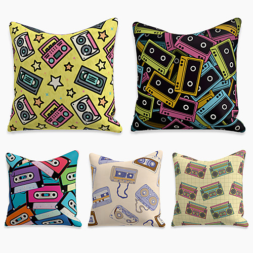 

5 pcs Linen Pillow Cover, Geometric Square Zipper Polyester Traditional Classic