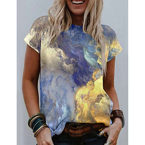 

Women's T shirt Graphic Scenery Print Round Neck Tops Basic Basic Top Blue Purple Yellow