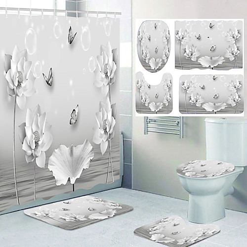 

Lotus Leaf Flower Butterfly Pattern Printing Bathroom Shower Curtain Leisure Toilet Four-piece Design