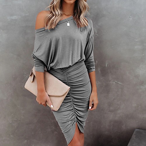 

Women's A Line Dress Knee Length Dress Black Purple Blushing Pink Gray 3/4 Length Sleeve Solid Color Summer One Shoulder Elegant 2021 S M L XL XXL