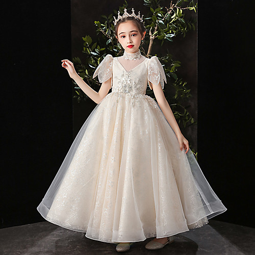 

Princess / Ball Gown Ankle Length Wedding / Party Flower Girl Dresses - Lace / Tulle Short Sleeve High Neck with Appliques