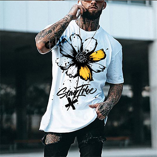 

Men's T shirt Hot Stamping Floral Graphic Prints Print Short Sleeve Casual Tops 100% Cotton Basic Casual Fashion White