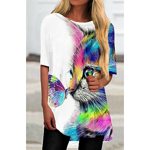 

Women's T Shirt Dress Tee Dress Short Mini Dress White Half Sleeve Cat Animal Print Spring Summer Round Neck Casual 2021 S M L XL XXL 3XL