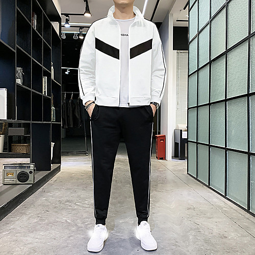 

Men's 2 Piece Jogging Suit Street Athletic 2pcs Summer Long Sleeve Breathable Sweat Out Gym Workout Sportswear Normal Jacket White Black Front Zipper Activewear Micro-elastic / Casual