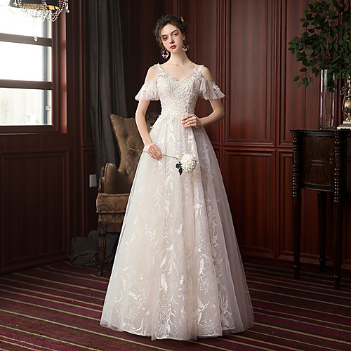 

Princess A-Line Wedding Dresses V Neck Floor Length Lace Tulle Short Sleeve Romantic with Pleats Beading Appliques 2021