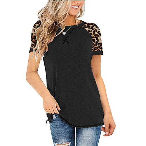 

Women's T shirt Leopard Round Neck Tops Chinoiserie Basic Top Black Blue Purple