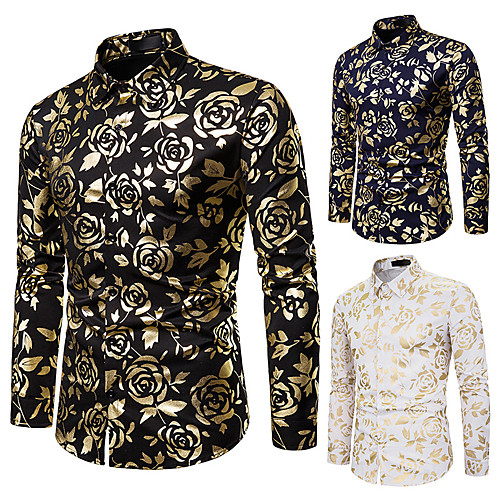 

Men's Shirt Other Prints Floral Print Long Sleeve Daily Tops Fashion White Black Navy Blue