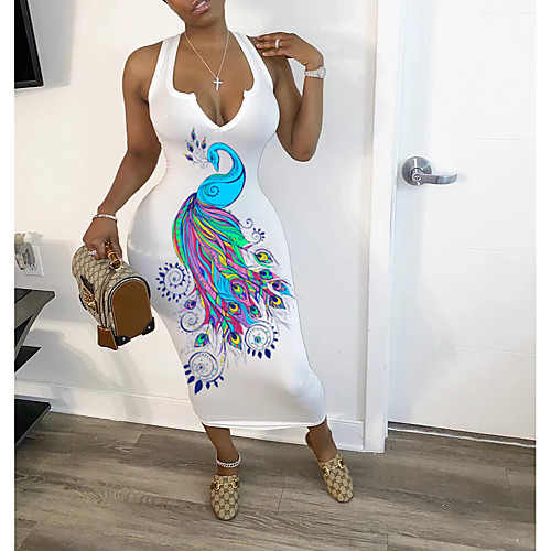 

Women's Graphic Print Casual Sleeveless Spring & Summer Maxi long Dress T Shirt Dress Tee Dress White