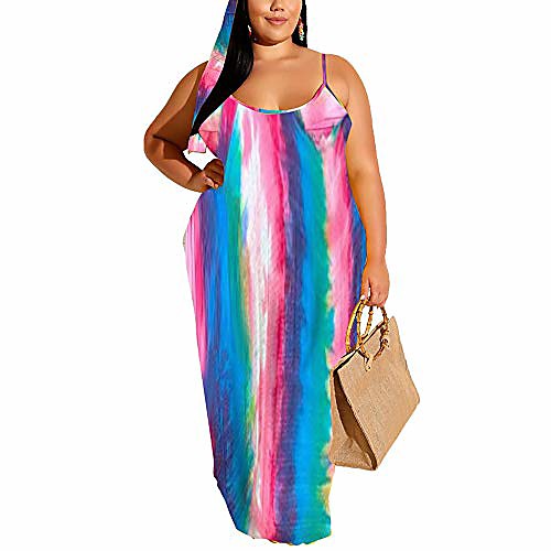 

woosen women's spaghetti strap plus size boho maxi dress tie dye sleeveless belted long dress with pockets