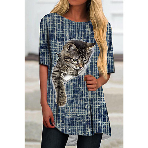 

Women's T Shirt Dress Tee Dress Short Mini Dress Black Blue Light Blue Half Sleeve Cat Houndstooth Animal Print Spring Summer Round Neck Casual 2021 S M L XL XXL 3XL