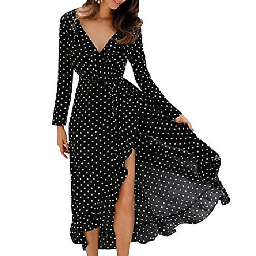 

Simple V-Neck Flounced Long-Sleeve Polka Sexy Dot Split Midi Dress Black M