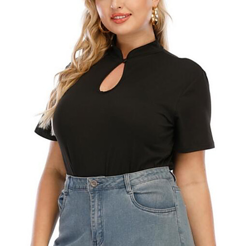 

Women's Plus Size Mesh Plain T shirt Large Size High Neck Short Sleeve Tops L XL XXL Black Big Size