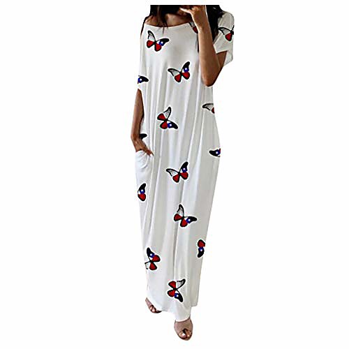 

uofoco women maxi dress casual daily butterfly print inclined shoulder short sleeve long dresses (x-large,white)