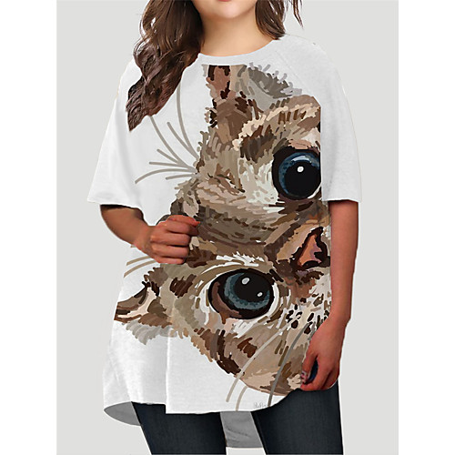 

Women's Plus Size Cat Graphic Animal Print Basic Half Sleeve Fall Short Mini Dress T Shirt Dress Tee Dress White
