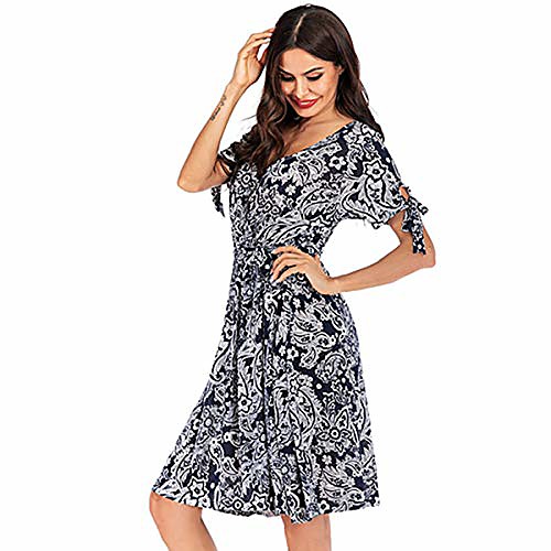 

womens deep v neck tie waist vintage print floral casual boho dress short grey