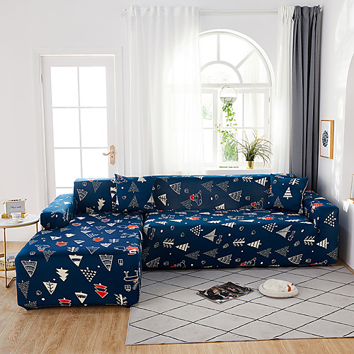 

Navy Blue Christmas Print Dustproof All-powerful Slipcovers Stretch L Shape Sofa Cover Super Soft Fabric Couch Cover with One Free Pillow Case