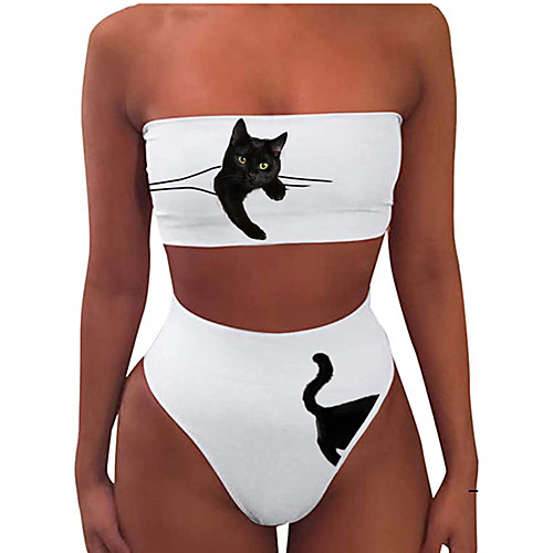 

Women's Tankini 2 Piece Swimsuit Slim Print Animal White Swimwear Bandeau Strapless Bathing Suits New Sexy