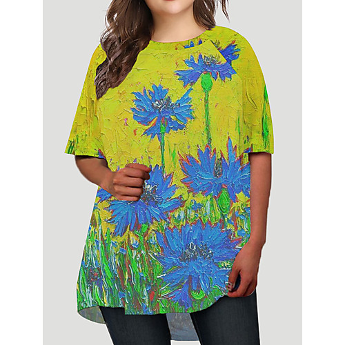 

Women's Plus Size Graphic Color Block Floral Print Casual Half Sleeve Fall Short Mini Dress T Shirt Dress Tee Dress Blue Orange