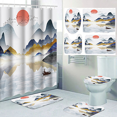 

Comic Landscape Sun Big Goose Pattern Bathroom Waterproof Shower Curtain Leisure Toilet Floor Mat Four-piece Design
