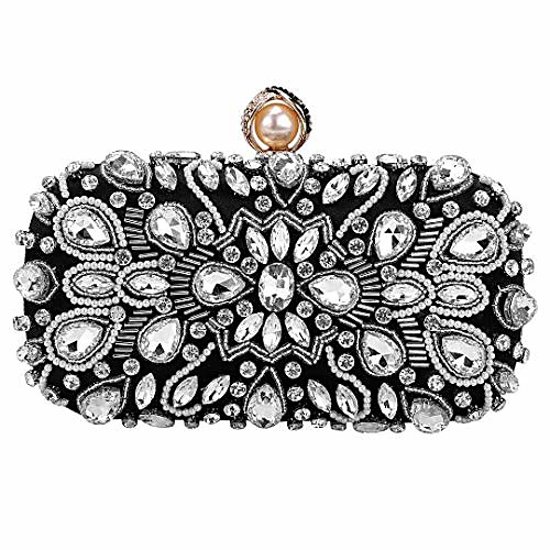 

womens beaded clutch rhinestone evening bag wedding bridal prom purse.(black-3)