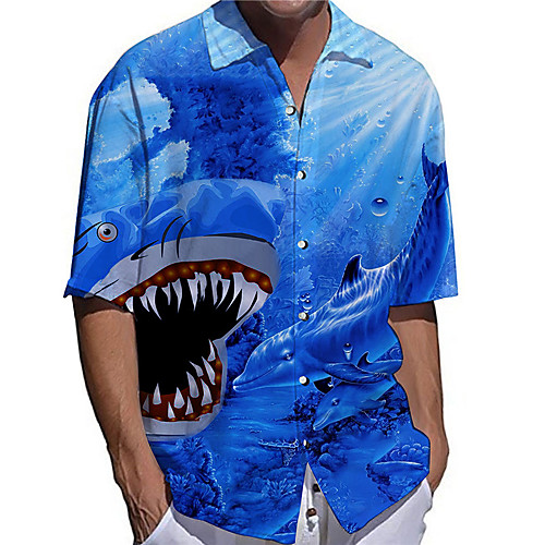 

Men's Shirt 3D Print Graphic Prints Shark Animal Button-Down Print Short Sleeve Daily Tops Casual Designer Big and Tall Blue