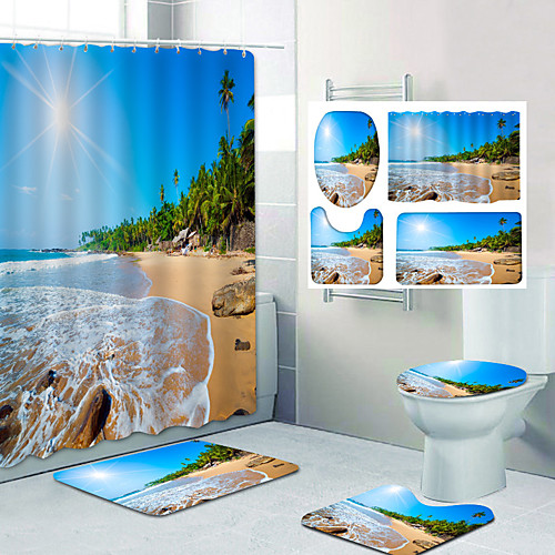 

Bathroom Shower Curtain & Mat Set Classic Polyester Waterproof