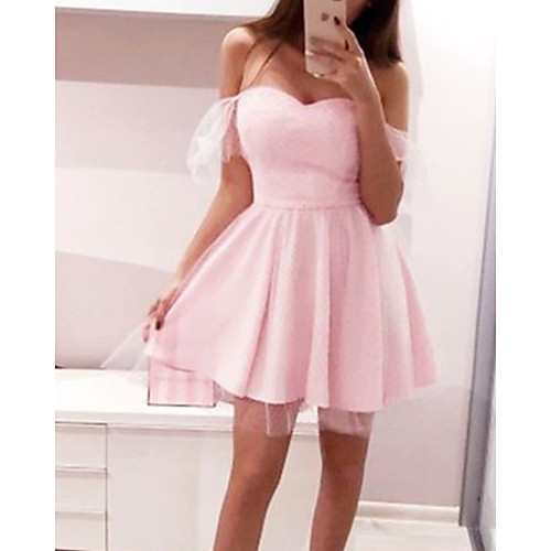

A-Line Minimalist Sexy Homecoming Cocktail Party Dress Off Shoulder Short Sleeve Short / Mini Satin Tulle with Pleats 2021