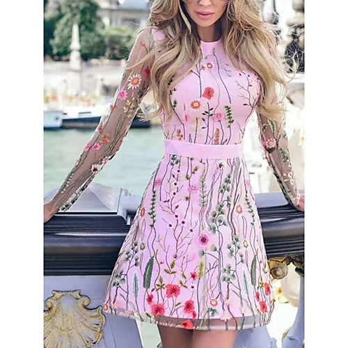 

Women's A Line Dress Short Mini Dress Blushing Pink Long Sleeve Floral Color Block Summer Round Neck Elegant 2021 S M L XL