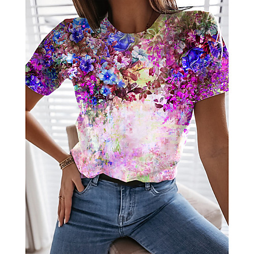 

Women's T shirt Graphic Floral 3D Print Round Neck Tops Basic Basic Top Blue Purple Green
