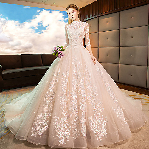 

Princess Ball Gown Wedding Dresses High Neck Chapel Train Lace Tulle Sequined Long Sleeve Formal Romantic Luxurious Sparkle & Shine with Sequin Appliques 2021