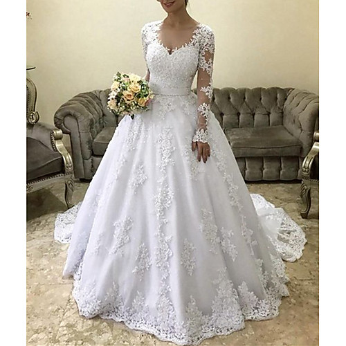 

Princess Ball Gown Wedding Dresses V Neck Court Train Lace Tulle Long Sleeve Formal Romantic Luxurious with Sashes / Ribbons Appliques 2021