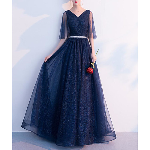 

A-Line V Neck Floor Length Tulle Bridesmaid Dress with Pleats / Bandage