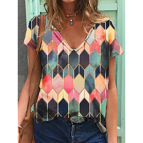 

Women's T shirt Color Block Print V Neck Tops Cotton Basic Basic Top Rainbow