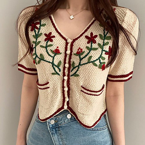 

Women's Embroidery Pocket Knitted Floral Cardigan Cotton Short Sleeves Sweater Cardigans V Neck Spring Summer Purple Red Beige