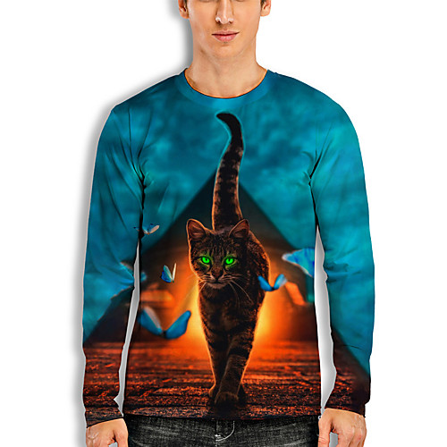 

Men's T shirt 3D Print Cat Graphic Prints Animal 3D Print Long Sleeve Daily Tops Basic Casual Hawaiian Blue
