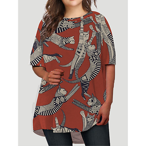 

Women's Plus Size Dresses T Shirt Dress Tee Dress Short Mini Dress Half Sleeve Cat Graphic Animal Print Casual Fall Red XL XXL 3XL 4XL 5XL / Holiday