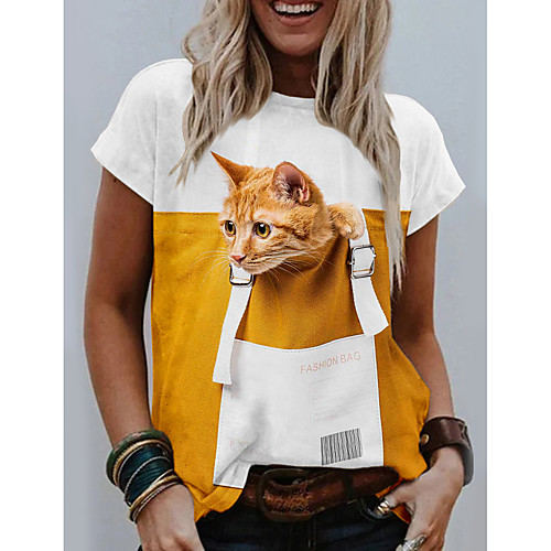 

Women's T shirt Cat Graphic 3D Print Round Neck Tops Basic Basic Top White