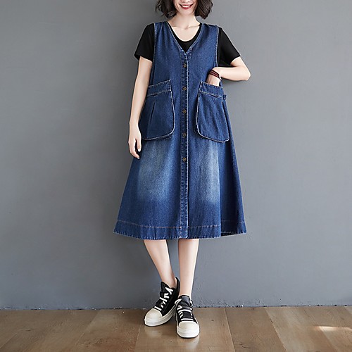 

Women's Denim Dress Midi Dress Blue Sleeveless Solid Color Pocket Fall Spring V Neck Casual 2021 Large size L Large size XL Large size XXL Large size M