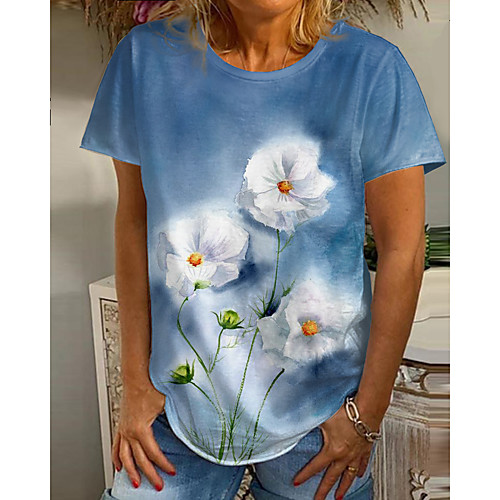 

Women's T shirt Graphic Floral Print Round Neck Tops Basic Basic Top Blue